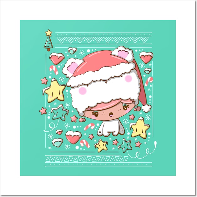 Cute festive polar bear bubble head girl in kawaii style Wall Art by studiomogwai